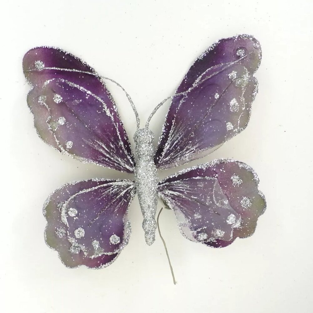 NEW Ornament Butterfly Purple Fabric Silver Glitter  Bug Holiday Christmas Tree